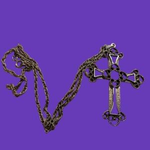 Striking Large Open Curved Arms Rhinestone Flower Cross Brasstone Necklace